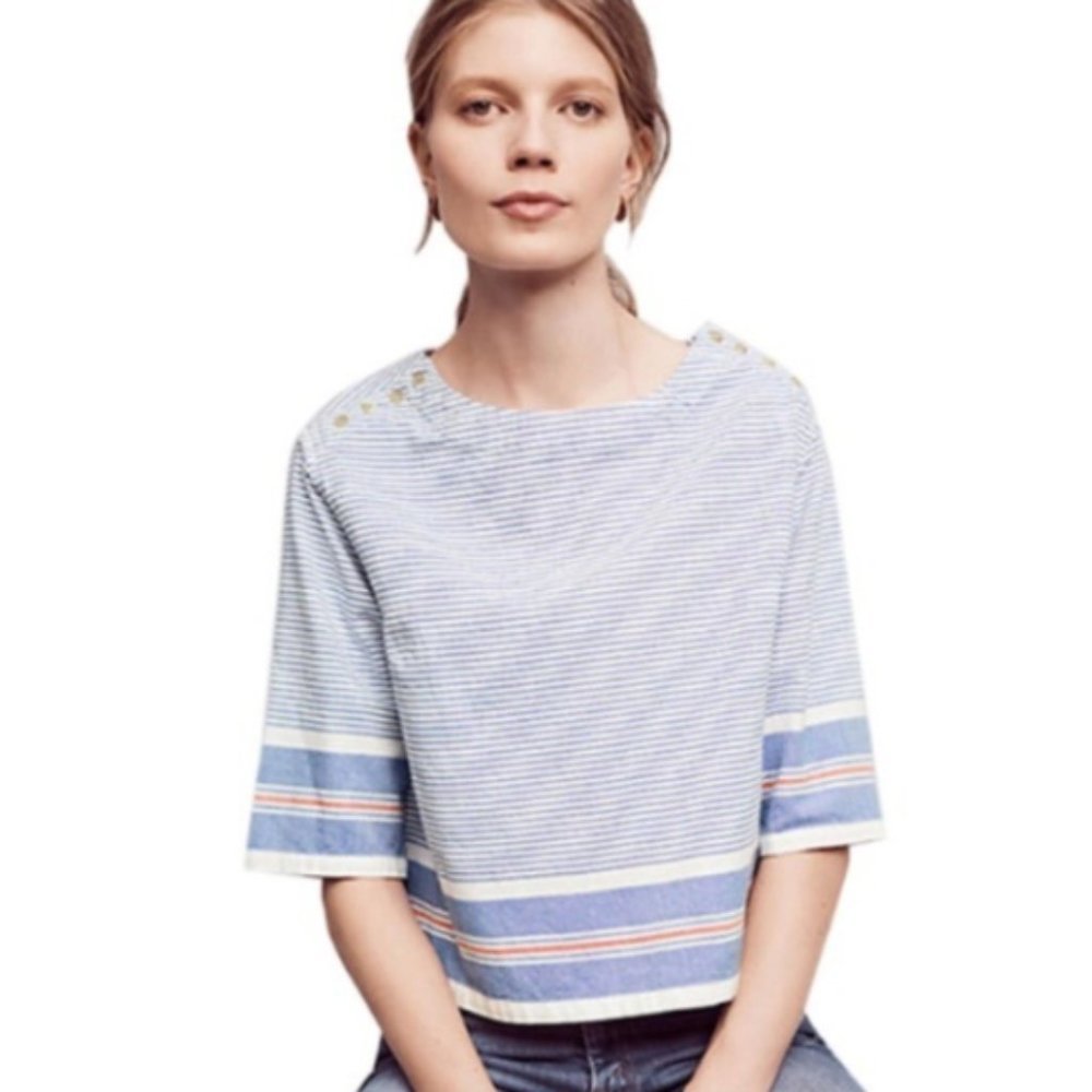 Maeve Blue White Striped Boxy Boatneck Top